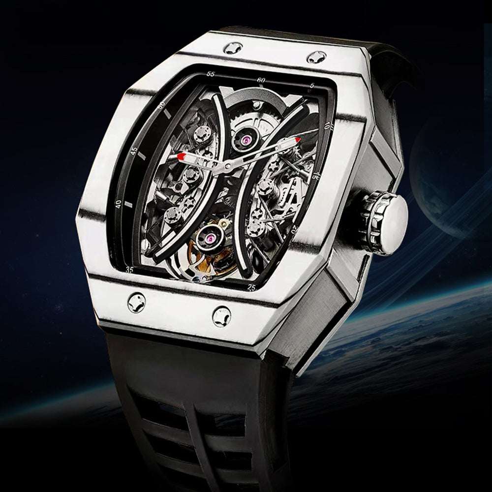 Aesop Richa Carbon Tourbillon Watch with skeleton design and carbon fiber case.