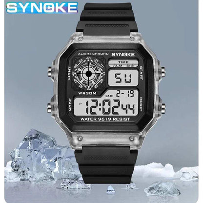 Men's digital sports watch with a sleek square case, luminous display, and black rubber strap, ideal for active lifestyles.