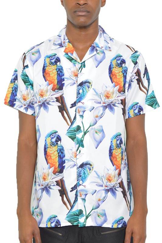 Mens Tucan Parrot Print Resort Button Down Shirt with short sleeves and colorful design.