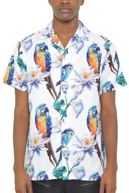 Mens Tucan Parrot Print Resort Button Down Shirt with short sleeves and colorful design.