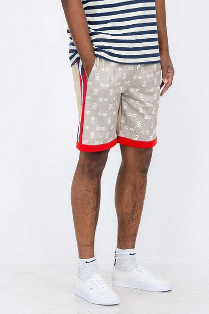 Tape Casual Sweat Shorts with side stripe, regular fit, elastic waist, drawstring, above knee length.