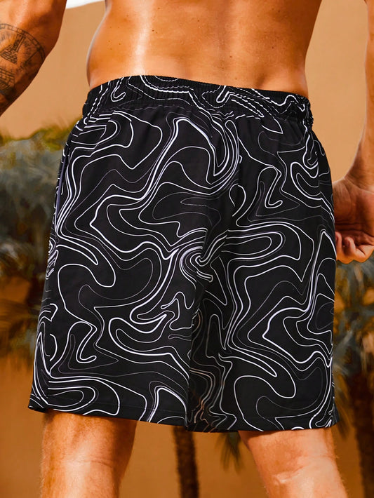 Manfinity Men's Black Allover Print Swim Trunks with Drawstring