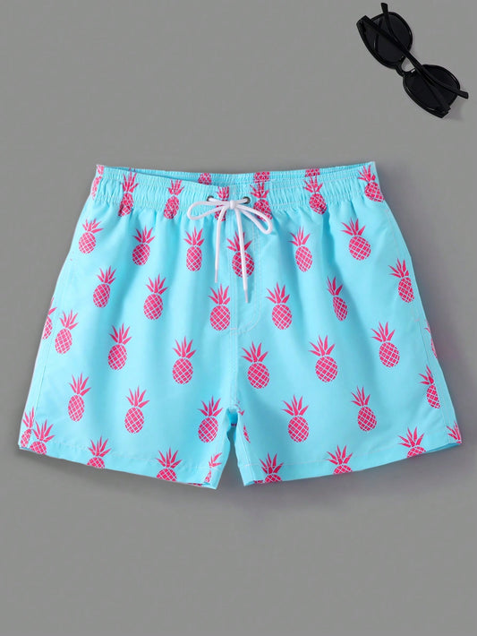Pineapple Print Men's Swim Trunks - Blue Boho Style