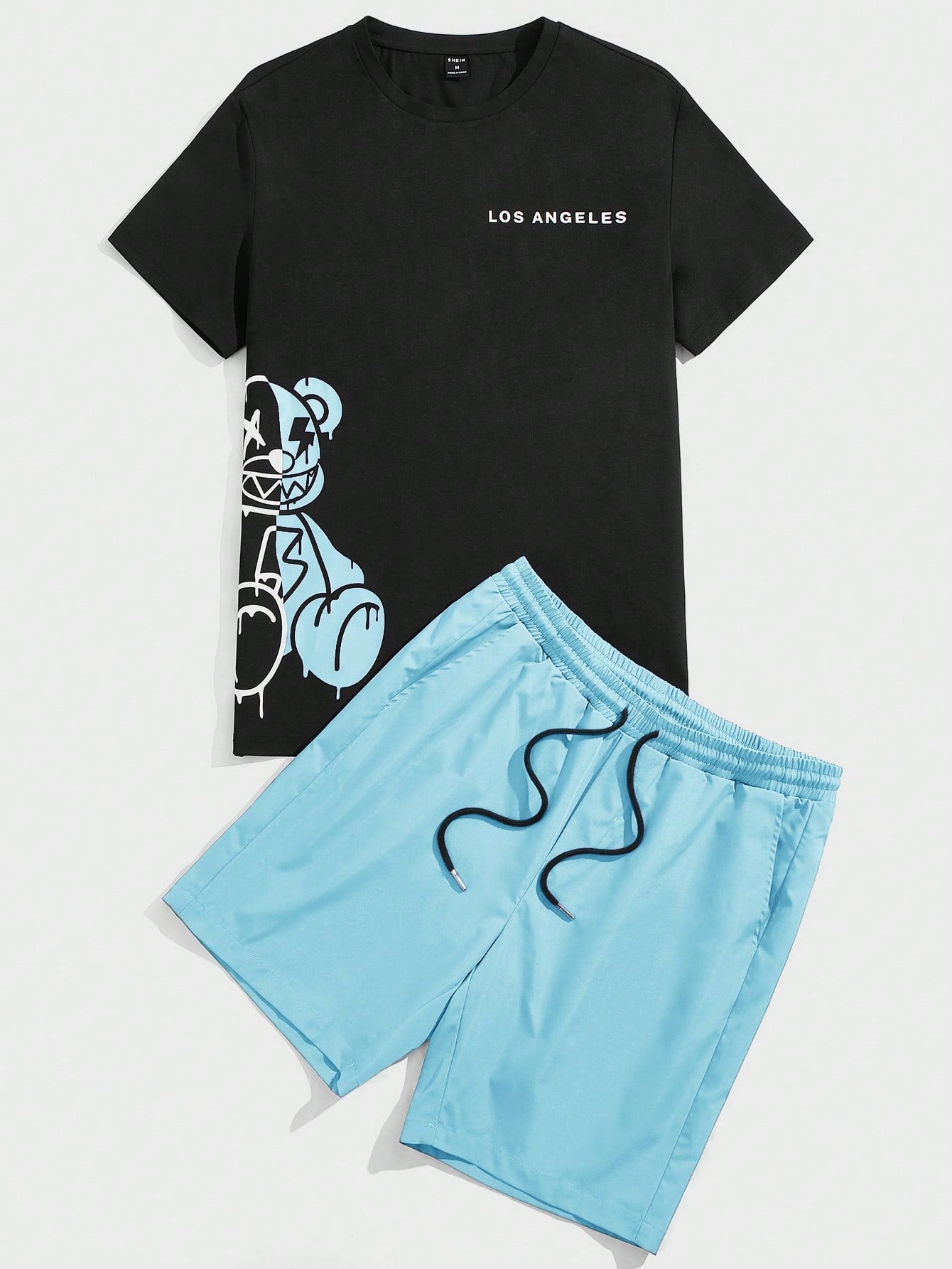 Bear & Letter Graphic Tee and Drawstring Waist Shorts Set