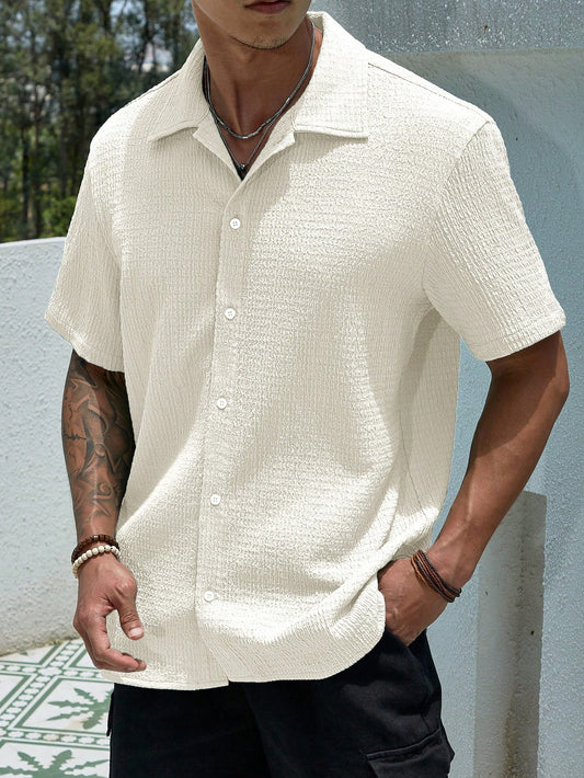 Elevate Your Look: Classic White Polyester Men's Loose Fit Button Up Shirt