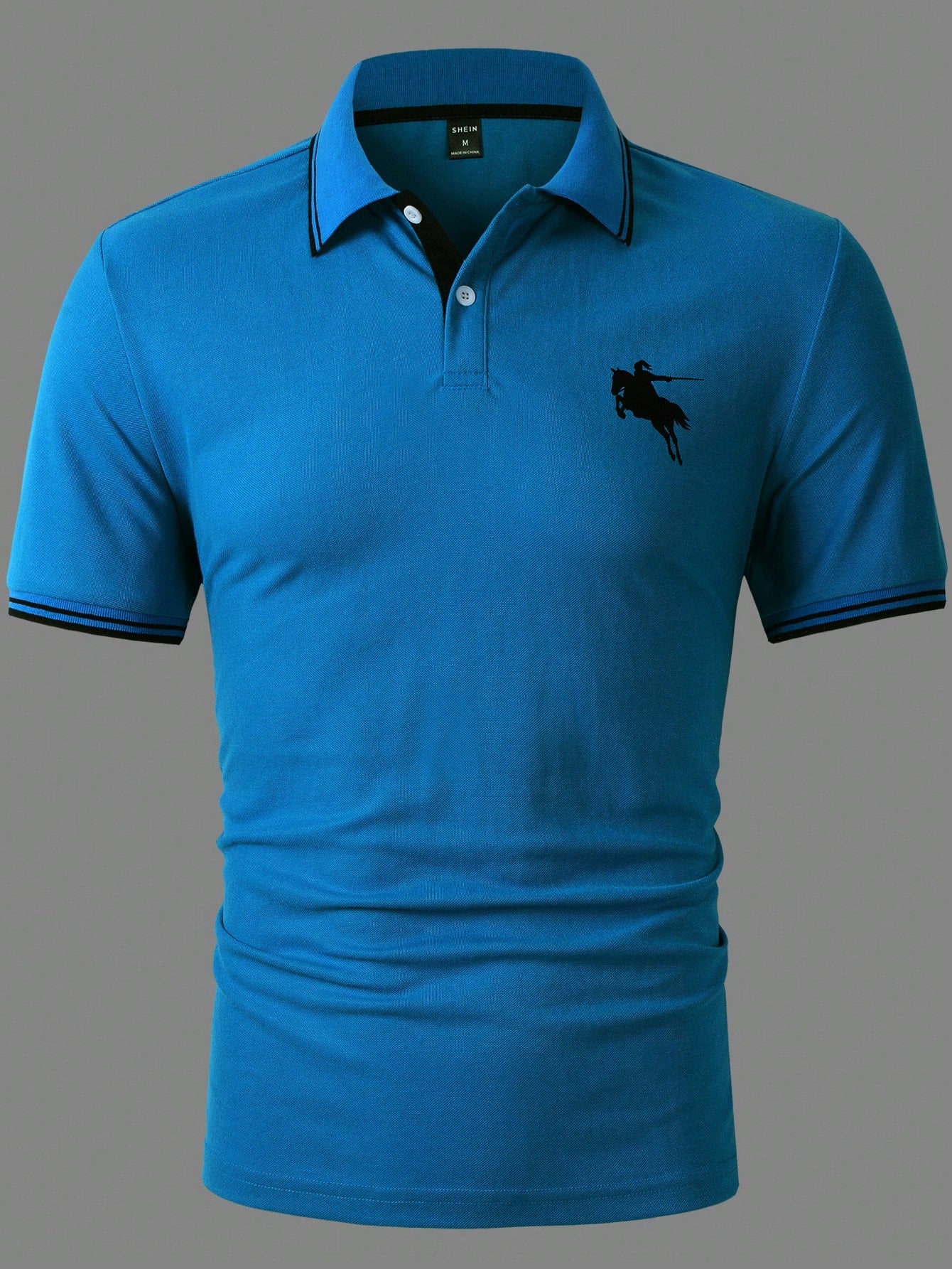 Horse Print Blue Polo Shirt for Men with Striped Trim