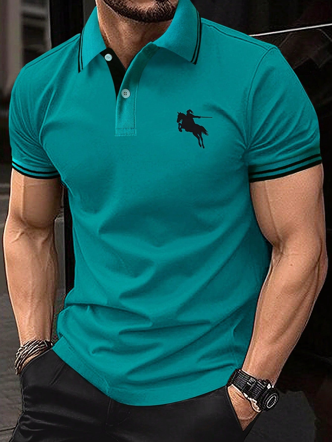 Horse Print Blue Polo Shirt for Men with Striped Trim
