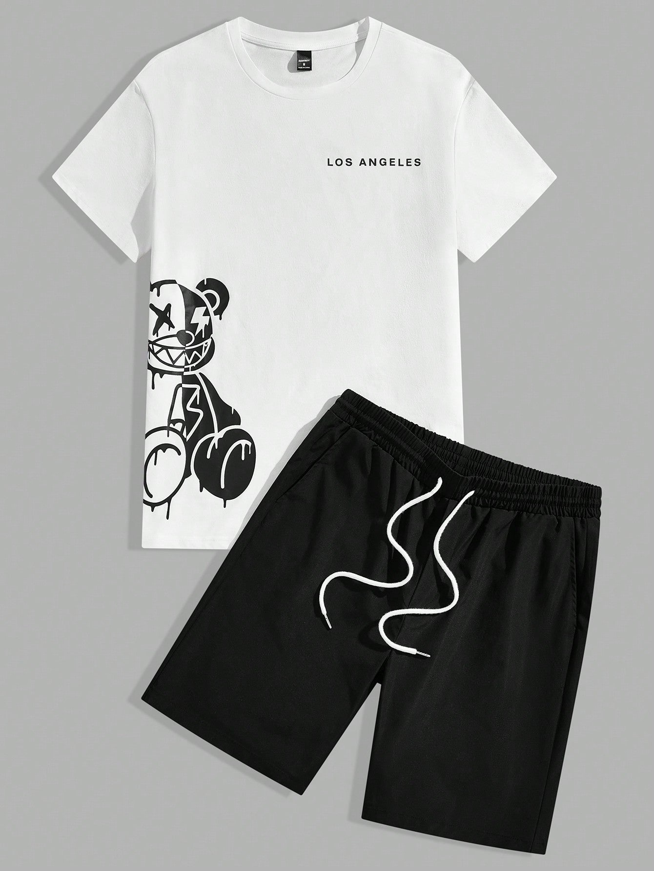 Bear & Letter Graphic Tee and Drawstring Waist Shorts Set