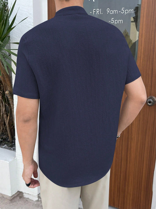 Summer Blue Stand Collar Men's Casual Woven Shirt by Manfinity RSRT