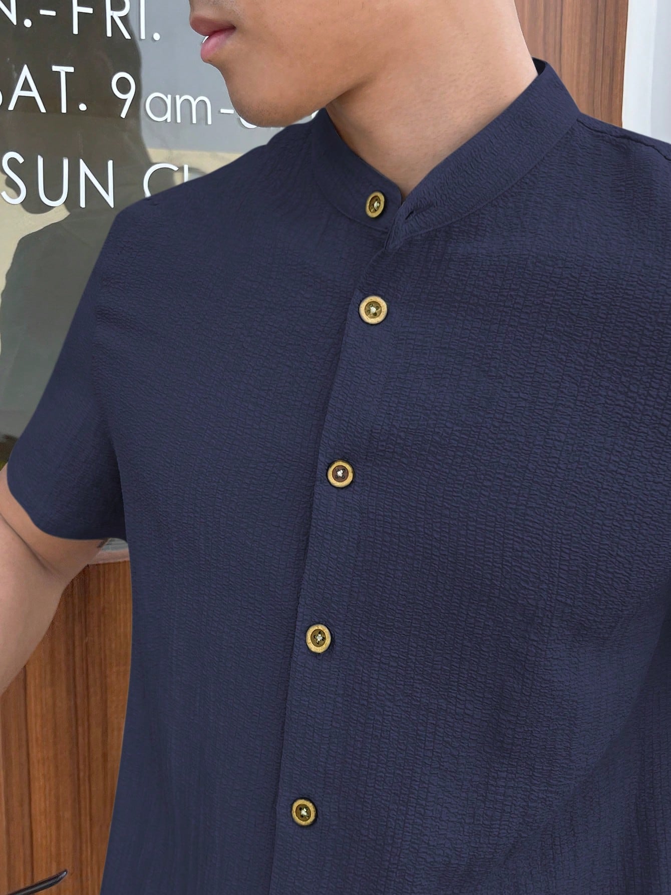 Summer Blue Stand Collar Men's Casual Woven Shirt by Manfinity RSRT