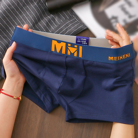 Men's breathable cotton boxer briefs in navy blue, featuring a stylish orange waistband.