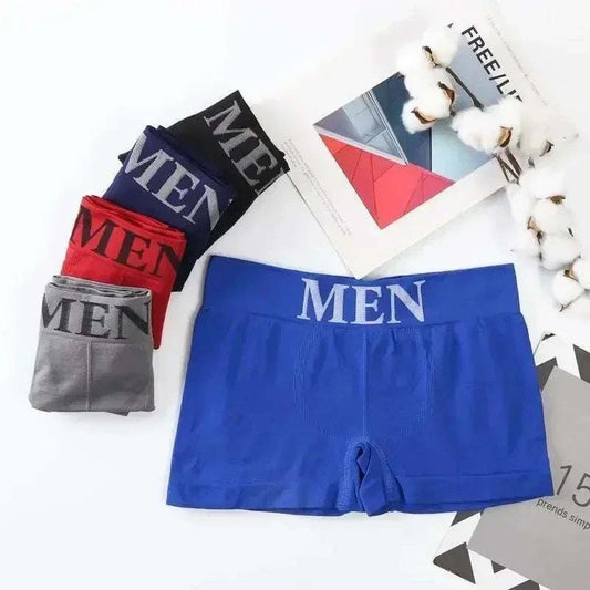 Men's Letter Print Boxer Briefs in various colors with elastic waistband, soft and breathable fabric.