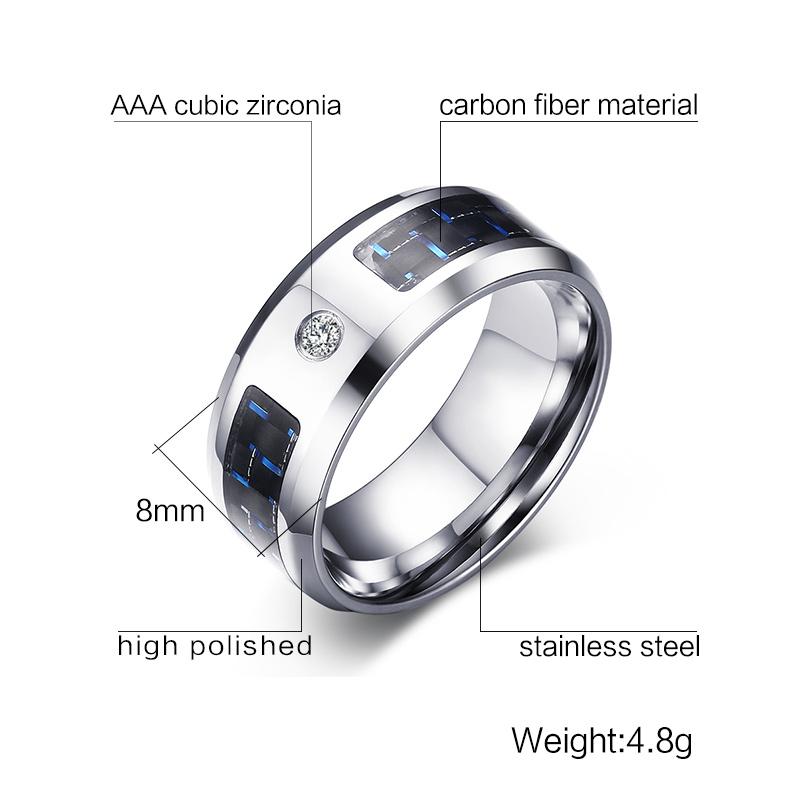 Carbon Fiber Inlay Titanium Steel Ring with CZ Stone