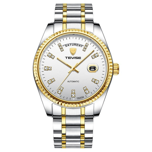 Golden Elegance: Tevise Men's Automatic Stainless Steel Date Business Wristwatch