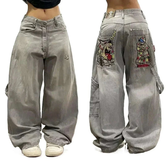 Retro Gothic Wide Leg Jeans with decorative appliques and buttons, featuring a light wash finish and relaxed fit.