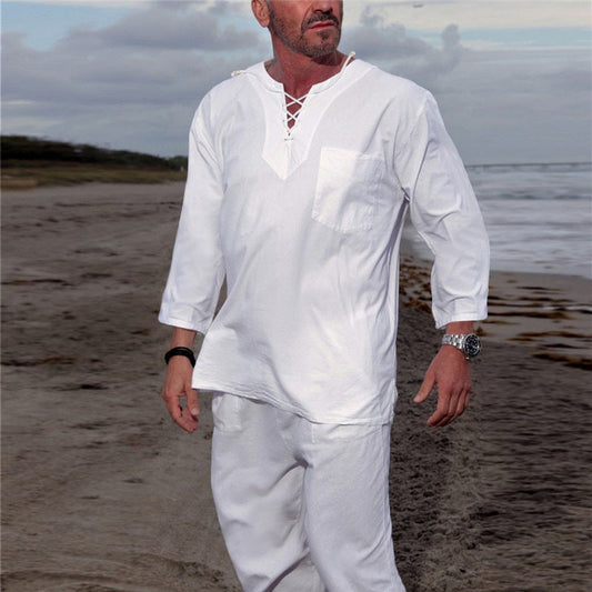 Beach-Ready Men's Solid Color Lace-Up Cotton and Linen Leisure Suit