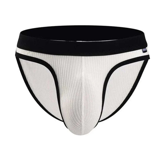 Men's sexy U pouch briefs in soft white viscose with a black waistband.