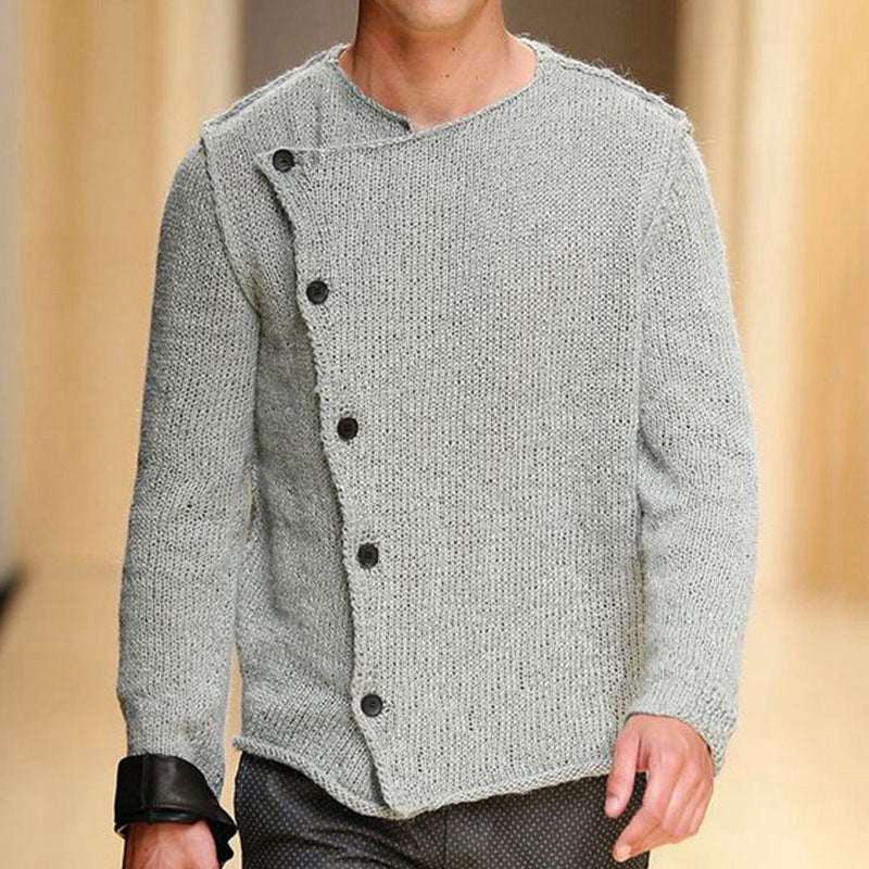 Men's casual diagonal placket thick knitted cardigan sweater jacket in solid gray for autumn-winter.