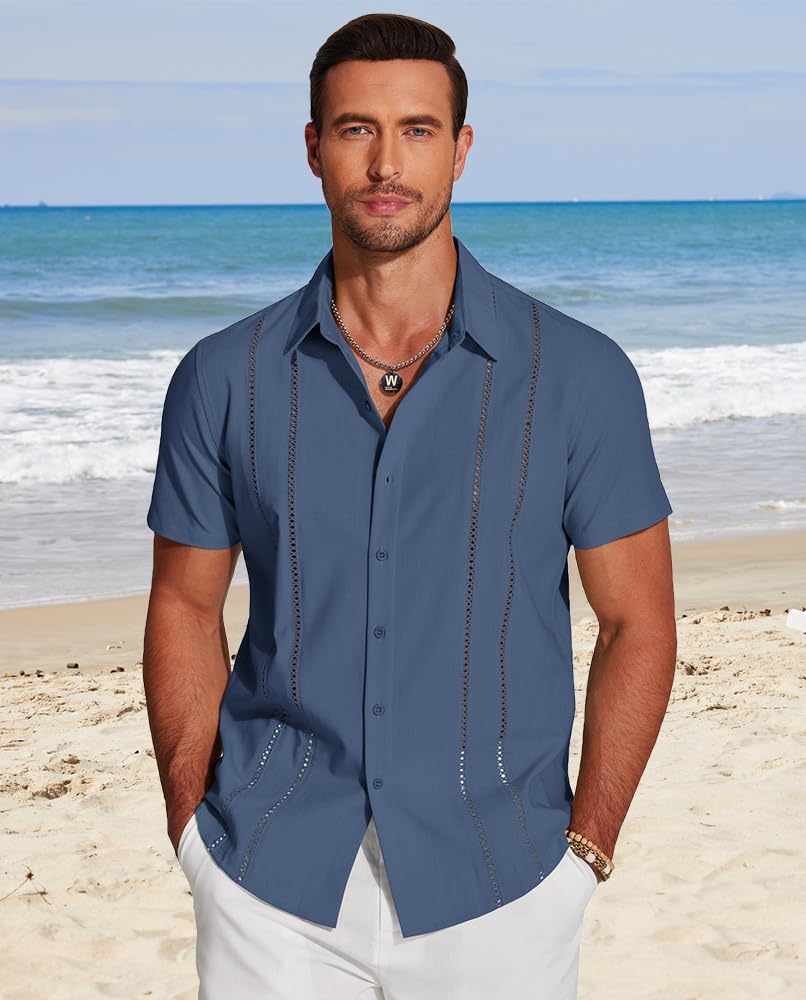 COOFANDY Men's Linen Guayabera Shirt - Cuban Style Casual Summer Beachwear Essential