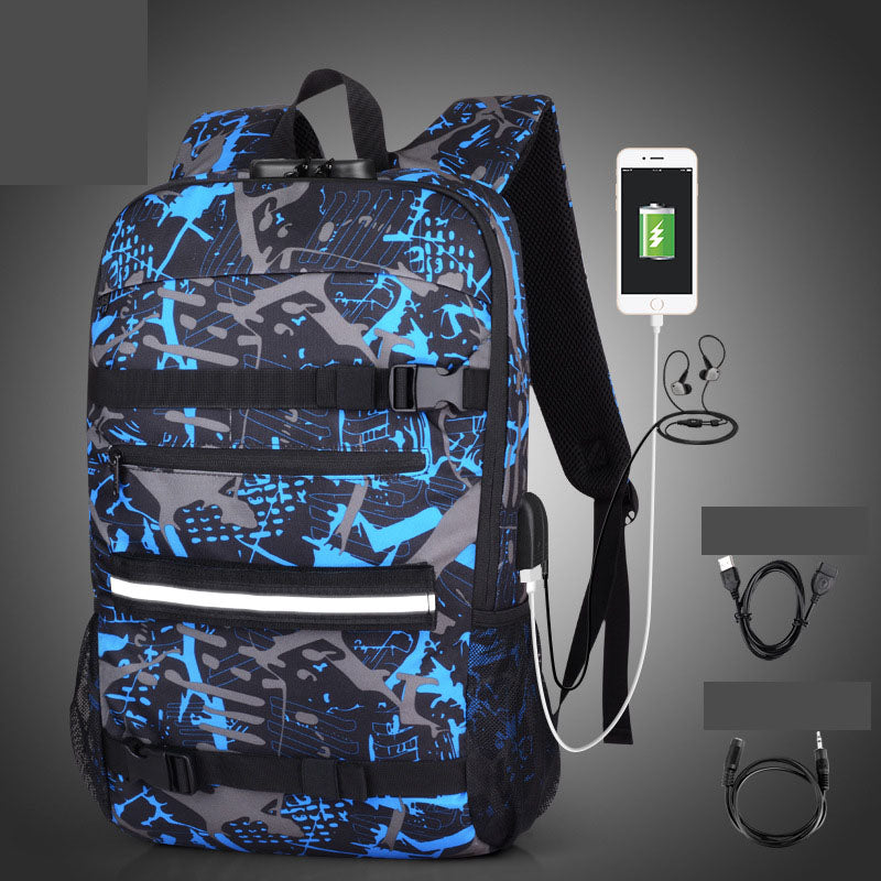USB Rechargeable Men's Business Camouflage Skateboard Backpack with Anti-theft Lock