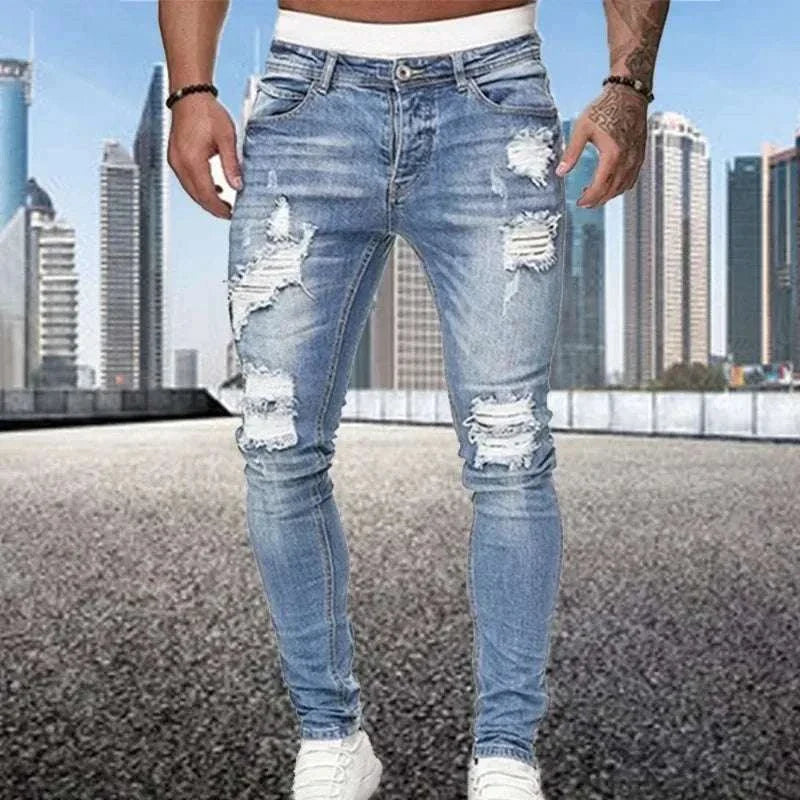 Men's Retro Skinny Jeans with ripped details in light wash denim, offering a sleek and modern fit.