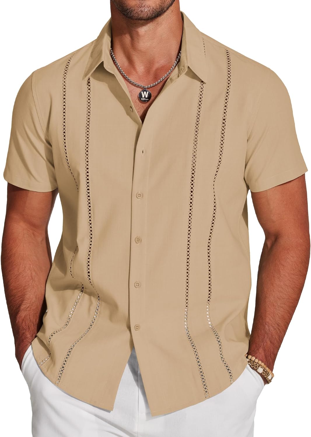 COOFANDY Men's Linen Guayabera Shirt - Cuban Style Casual Summer Beachwear Essential