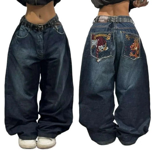 Retro Hip-hop Embroidered Baggy Jeans with high-waisted design and embroidered details.