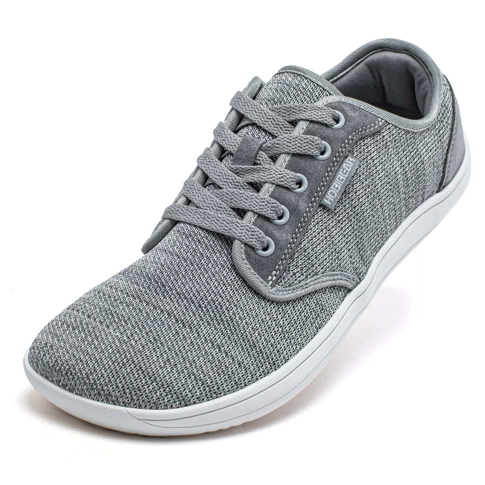 HOBIBEAR Men Minimalist Barefoot Shoes, Zero Drop, Unisex Wide Width Fashion Sneaker in grey with breathable mesh upper and lace-up design.