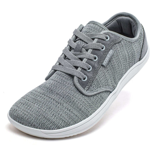 HOBIBEAR Men Minimalist Barefoot Shoes, Zero Drop, Unisex Wide Width Fashion Sneaker in grey with breathable mesh upper and lace-up design.