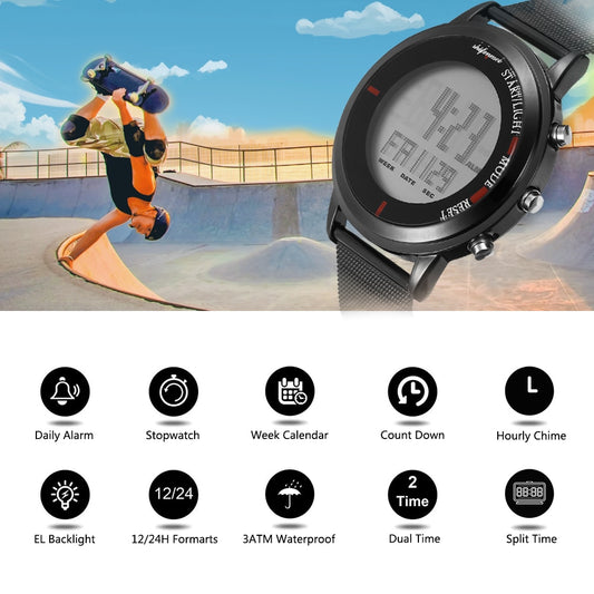 Stylish LED Digital Men's Watch with Tungsten Steel Frame - Silver Outdoor Waterproof Wristwatch