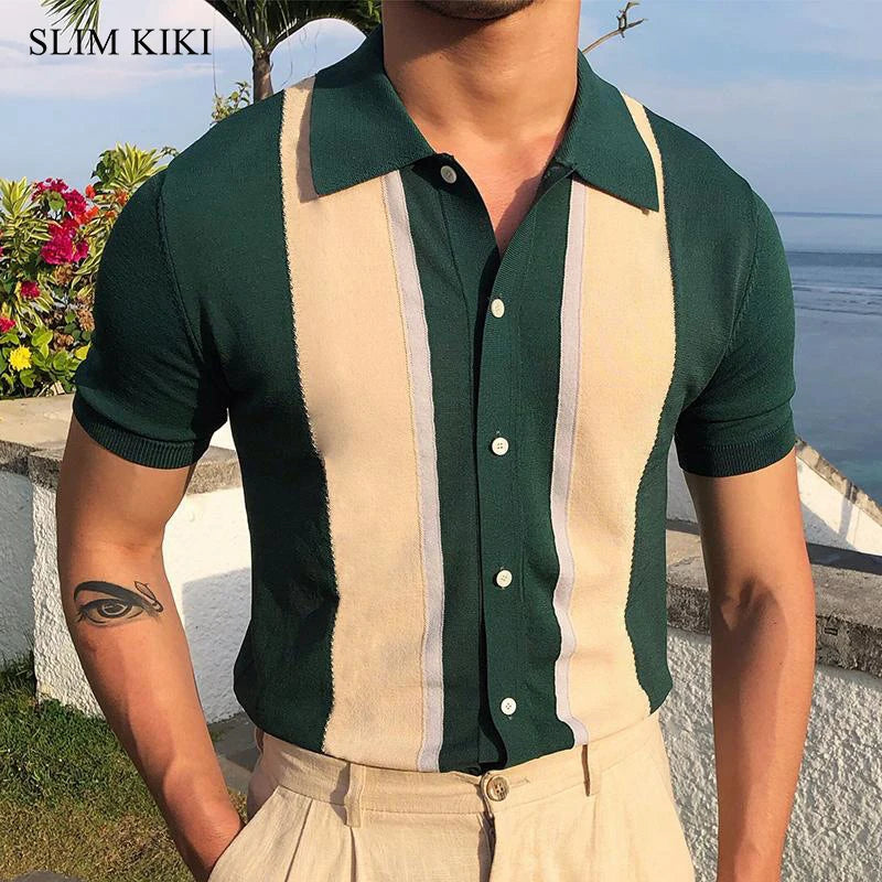 Classic Striped Men's Knit Polo Shirt for Vintage Golf Wear and Casual Style