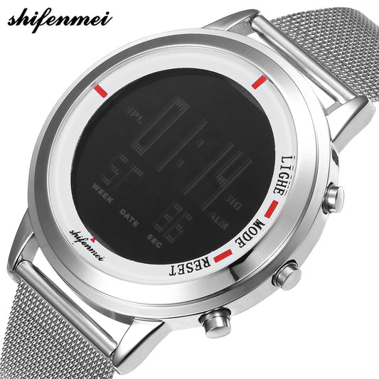 Stylish LED Digital Men's Watch with Tungsten Steel Frame - Silver Outdoor Waterproof Wristwatch