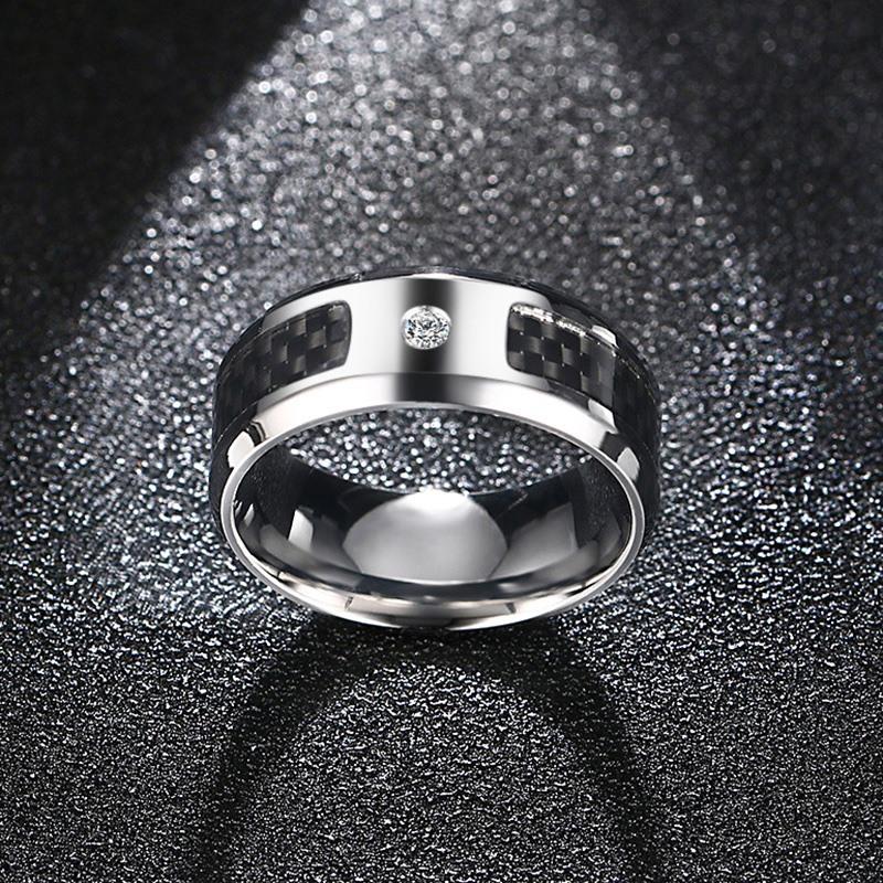 Carbon Fiber Inlay Titanium Steel Ring with CZ Stone