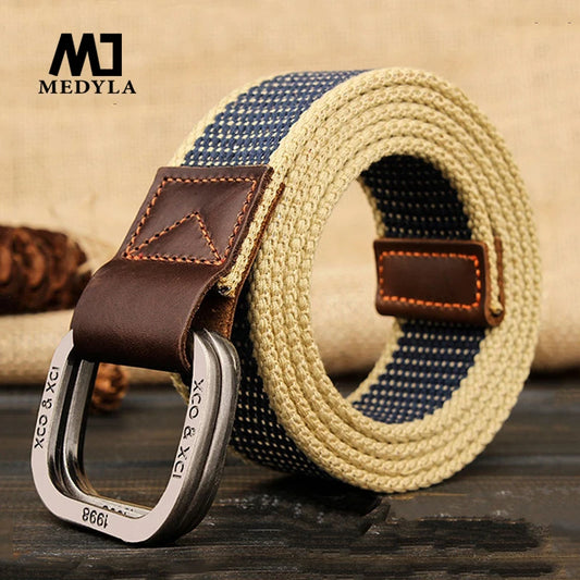 MEDYLA Men's Striped Canvas Belt with Double Buckle - Stylish Casual Knitted Accessory