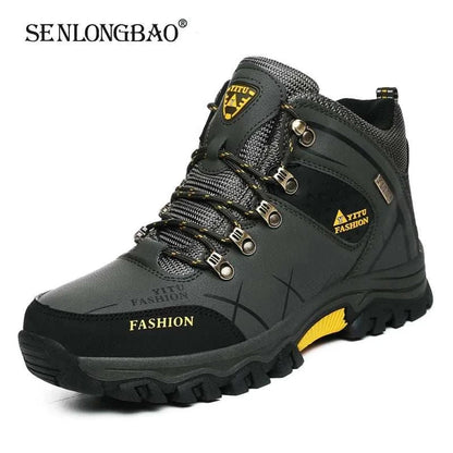 Brand Men Winter Snow Boots, Waterproof Leather Sneakers, Super Warm Men's Outdoor Hiking Boots, Work Shoes, Black and Yellow Design, Sizes 39-47.