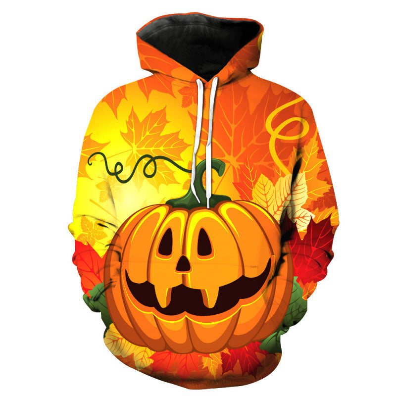 Halloween 3D digital print pullover hooded sweatshirt with pumpkin design.