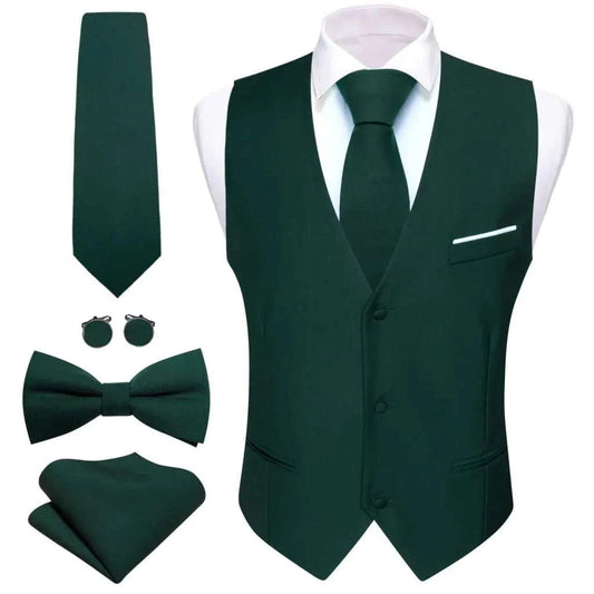 Designer Men's Vest Dark Green Solid Silk Satin Waistcoat Tie Bowtie HElevate Your Formal Attire with the Designer Men's Vest
 Introducing the Designer Men's Vest in a stunning Dark Green Solid Silk Satin, an essential addition to any Vest Dark Green Solid Silk Satin Waistcoat Tie Bowtie Hanky Wedding Formal Male Suit Sleeveless Jacket Barry WangMENLL