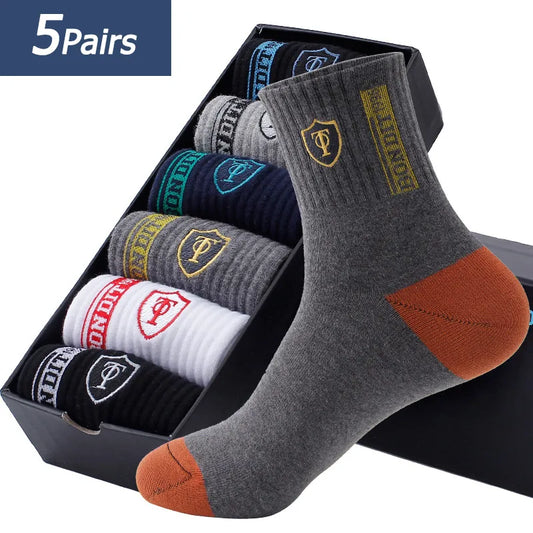 5-Pack Men's Breathable Cotton Athletic Socks - Anti-Bacterial & Versatile - EU Size 38-43