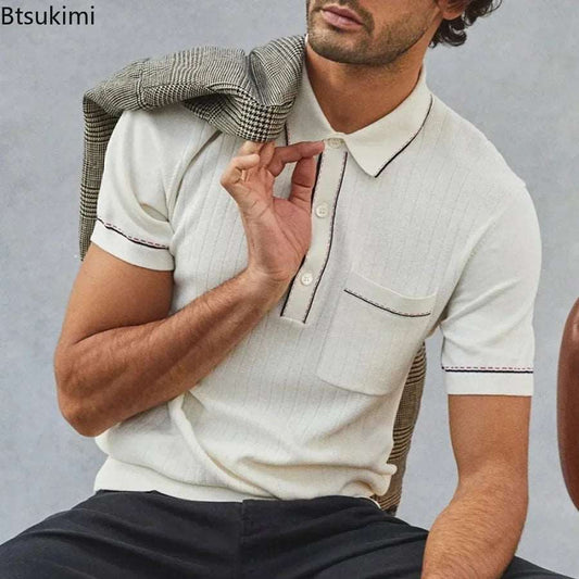 2024 Men's Spring Summer Striped Knitted Tops Short Sleeve Turn-down Collar Button Men Knit Polo Shirts Streetwear Clothing Male