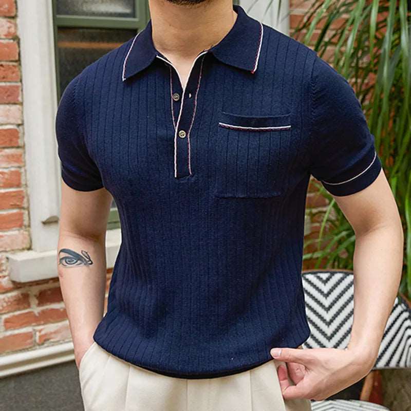 2024 Summer Contrast Navy White Italy Lyocell Knitted Cardigan Men Casual Short Sleeve British Slim Fit Breathable POLO T-shirt