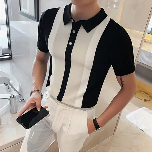 Vintage Striped Patchwork Polo Shirt for Men - Modern Slim-Fit Design with Stylish Lapel