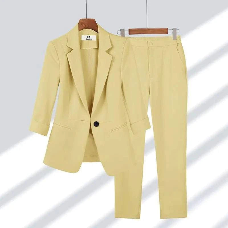 2023 Summer New Thin Jacket Blazer Casual Wide Leg Pants Two Piece EleSPECIFICATIONSBrand Name: WishworldPattern Type: SolidMaterial: POLYESTERAge: seniorStyle: Office LadyOrigin: Mainland ChinaCN: ZhejiangSeason: SummerElasticity: MedThin Jacket Blazer Casual Wide Leg PantsMENLL