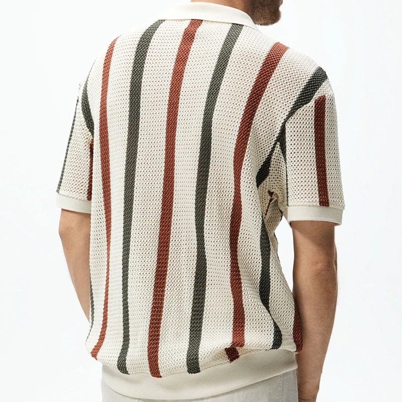 Vintage Striped Knit Polo Shirt for Men - Summer Beach Style