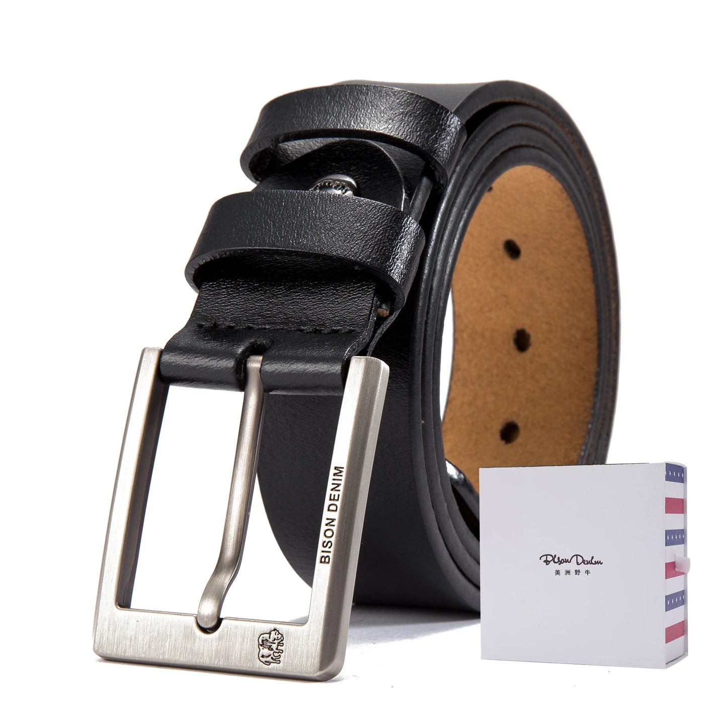 BISON DENIM Men's Vintage Style Luxury Leather Cowboy Belt with Pin Buckle