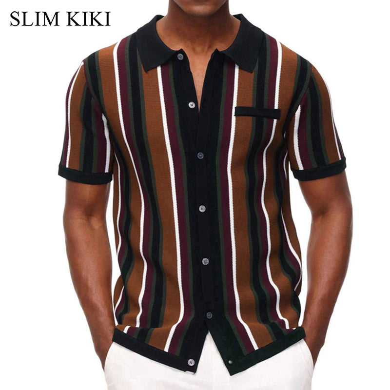 Vintage Striped Mens Polo Shirt with Lightweight Knit - Classic Casual Style for Men's Social Wear