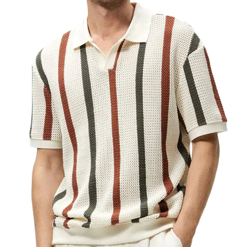 Vintage Striped Print Hollow Out Polo Shirt for Men - Summer Style Upgrade