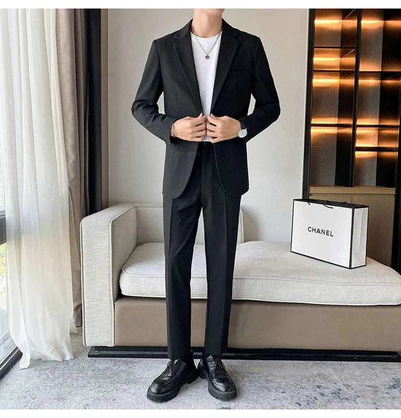 Men's Formal Suit Set Wedding Party Dress Black Gray Business Office BElevate Your Style with Our Men's Formal Suit Set
 Discover the perfect blend of sophistication and modern fashion with our Men's Formal Suit Set. Designed for the cFormal Suit Set Wedding Party Dress Black Gray Business Office Blazer Trousers Korean Fashion Draped Youth Suit JacketMENLL