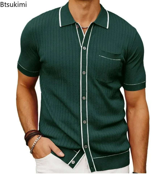 2024 Men's Summer Short Sleeve Polo Shirts with Button Front Solid Knitted Formal Office Dress Shirts Male Casual Shirts Tops