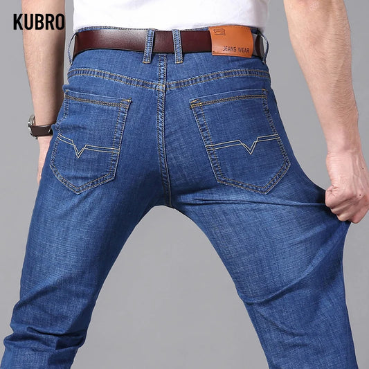 KUBRO Men's Casual Wide Leg Denim Jeans - Summer Lightweight Baggy Work Pants with High Elasticity