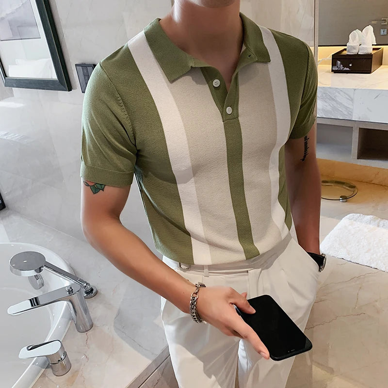 Elevate Your Summer Style: Trendy British Men's Striped Slim Fit POLO Shirt